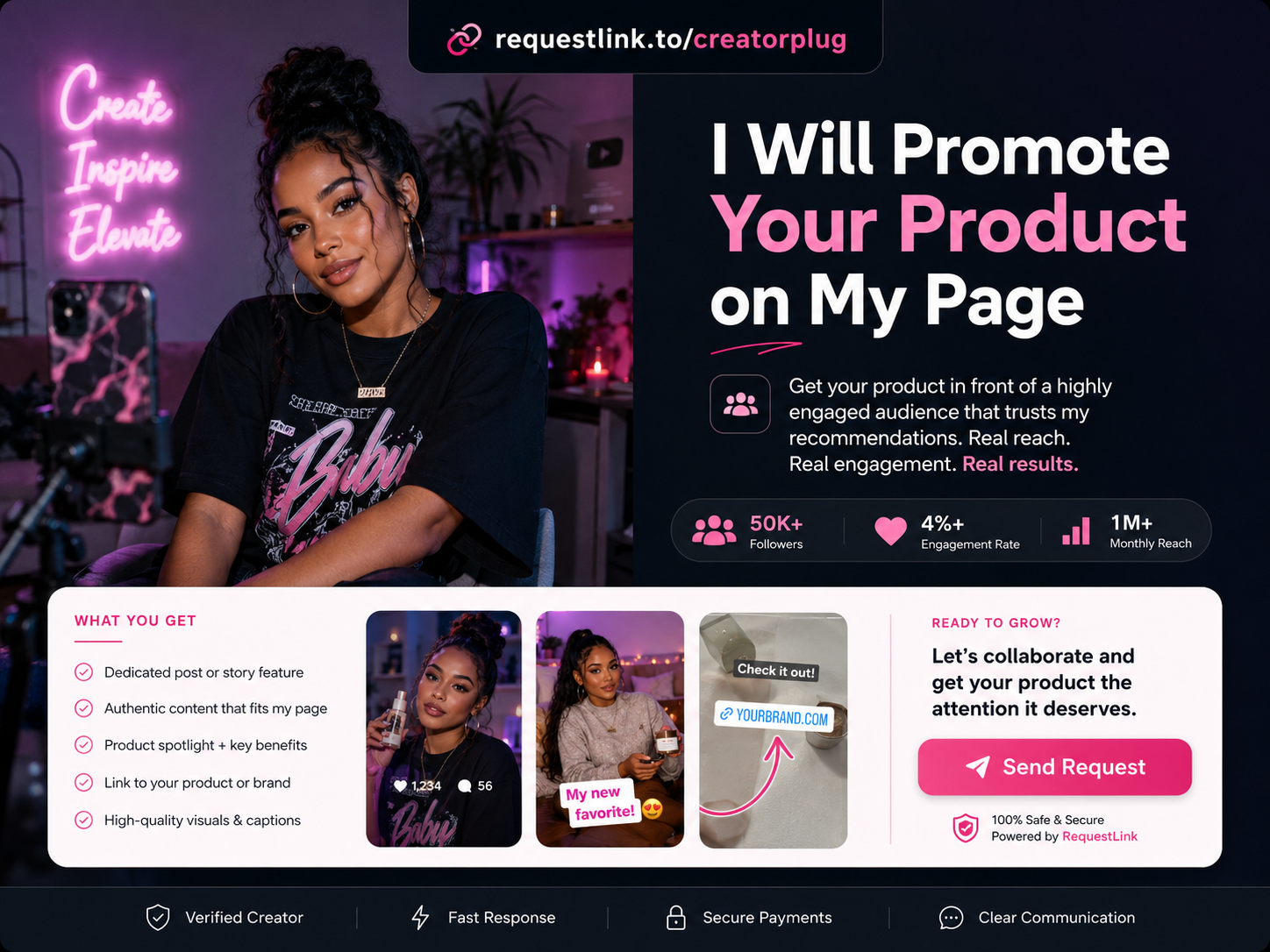 RequestLink brand boost page preview for a creator offering product promotion